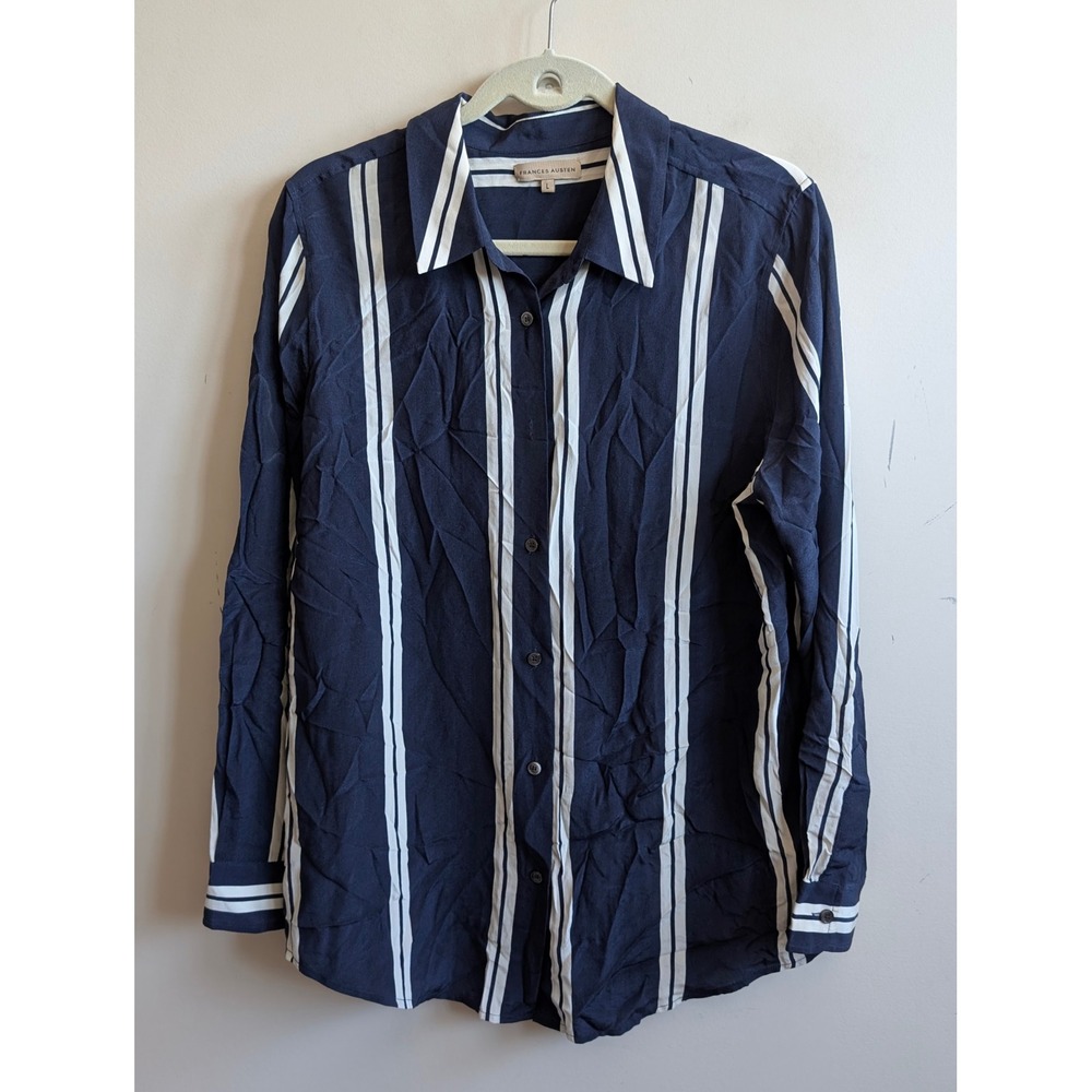 Frances Austen 100% Silk Striped Button Down Shirt Navy Blue White Womens Large